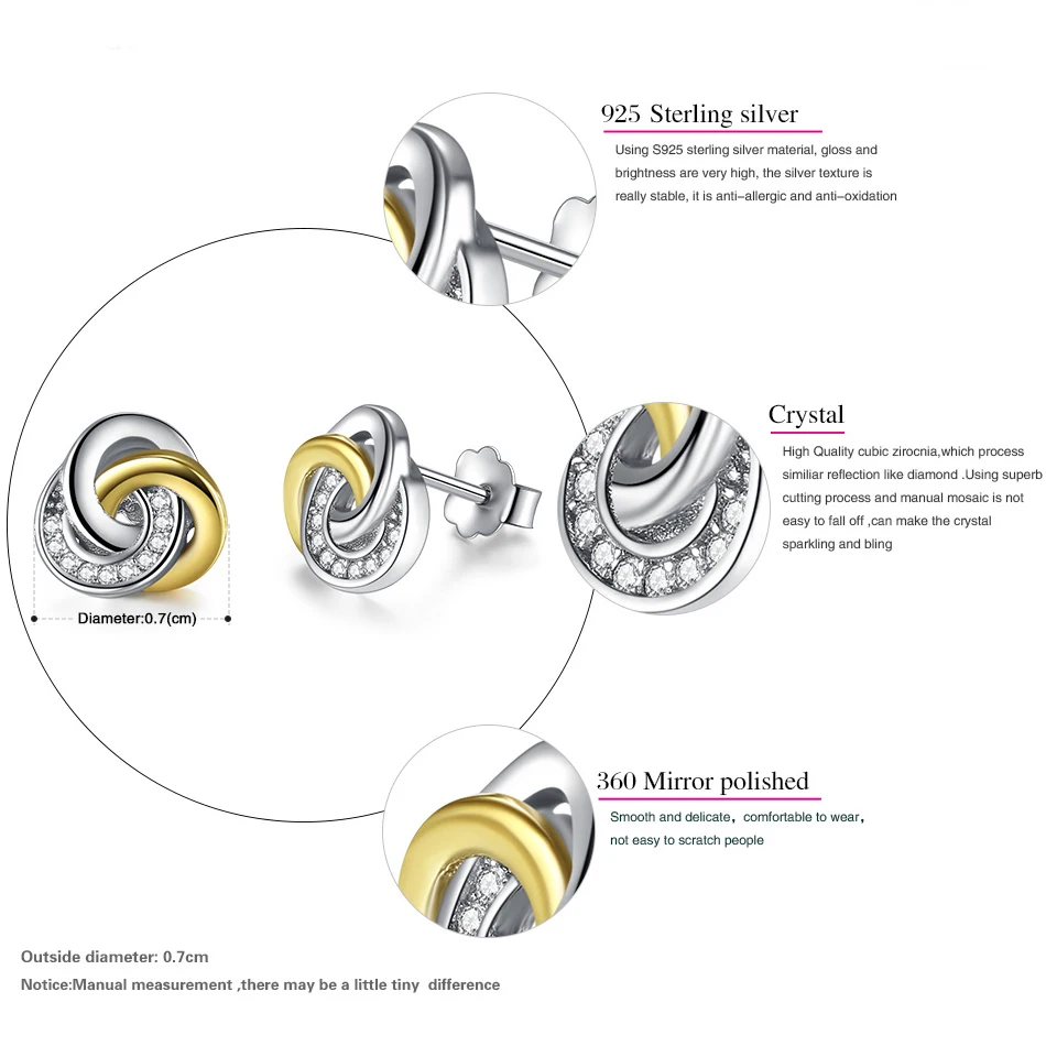 ELESHE 2019 Luxury New Fashion 925 Sterling Silver Earrings with Gold Love Know Crystal Stud Earrings for Women Party Jewelry