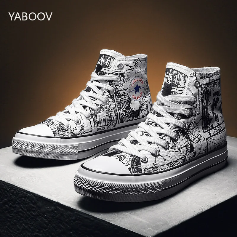 

2019 Hot Men Shoes Fashion Summer Harajuku Style Canvas Footwear for Man New High Top Vulcanized Shoes Mens Anime Sneakers