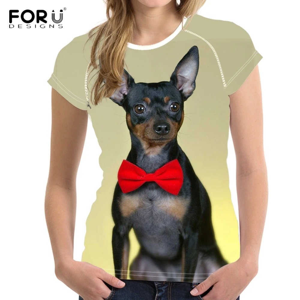 FORUDESIGNS Kawaii 3D Dog Miniature Pinscher Print Women T Shirts