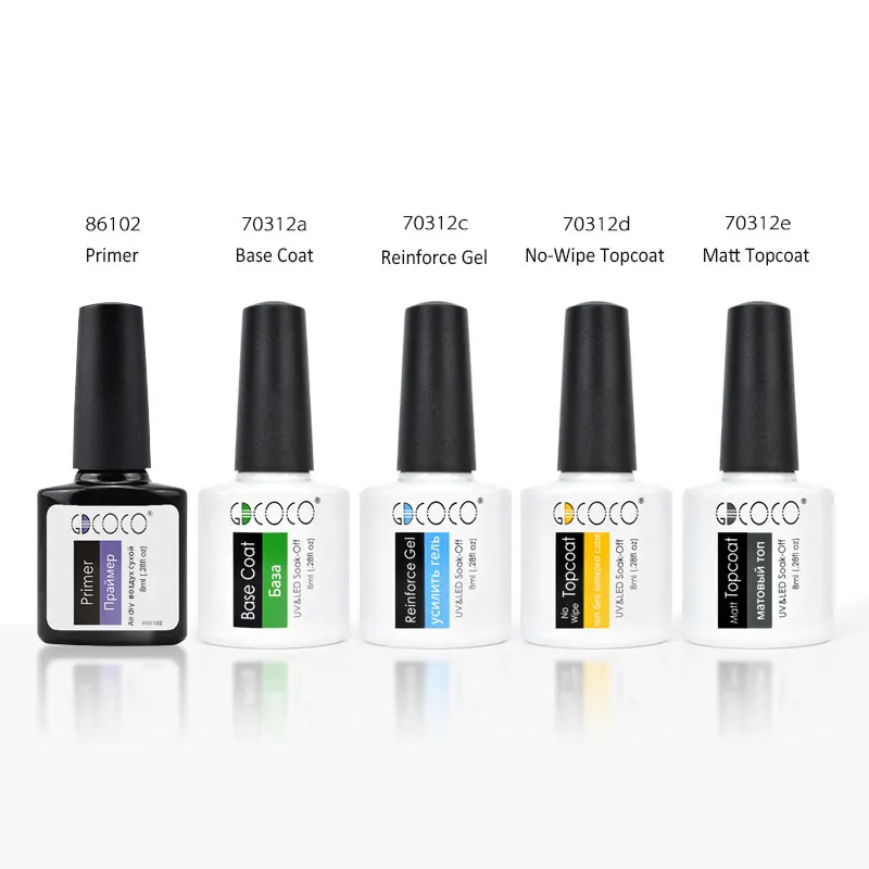 10 piezas * Color 8 ml Gel Kits de GDCOCO remojo LED UV Gel de esmalte de uñas de larga duración Gel laca capa Base de imprimación NoWipe