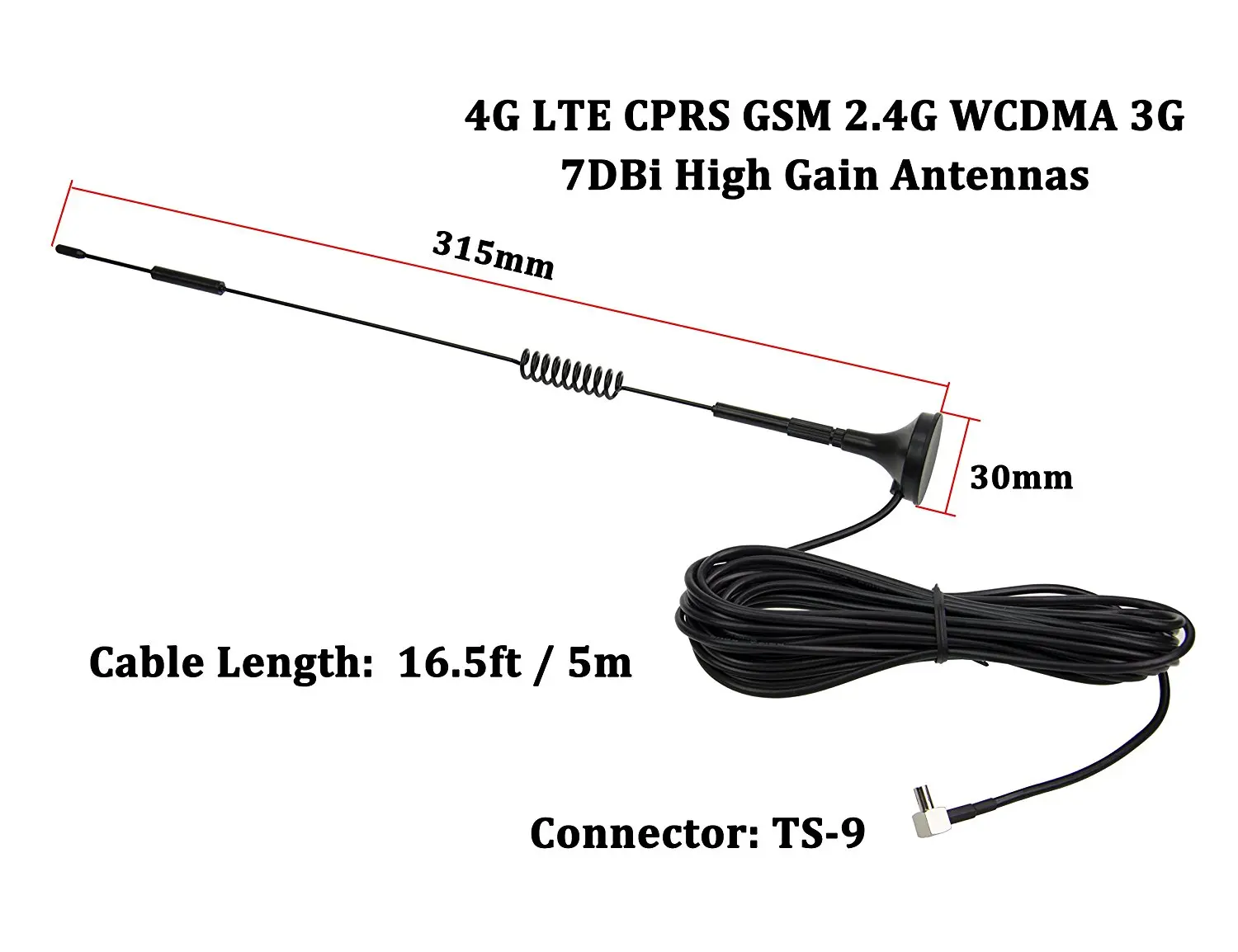 Eightwood TS9 7dBi наружная 3g 4G LTE CPRS GSM 2,4G WCDMA всенаправленная двойная винтовая антенна магнитная подставка база 5 м RG174