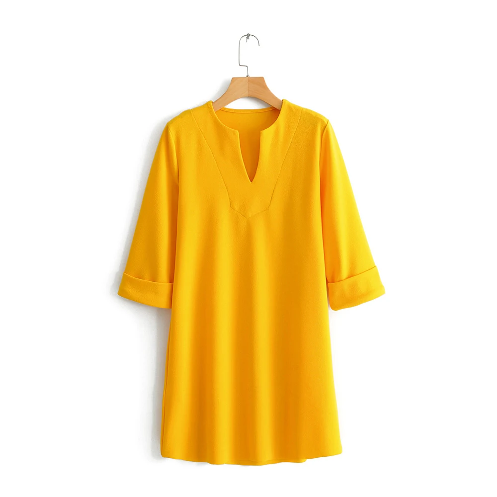

2019 Spring-Summer Elegant Yellow Za Mini Dress Women Fashion Half Sleeve V-neck Street-wear Straight Dresses vestido robe femme