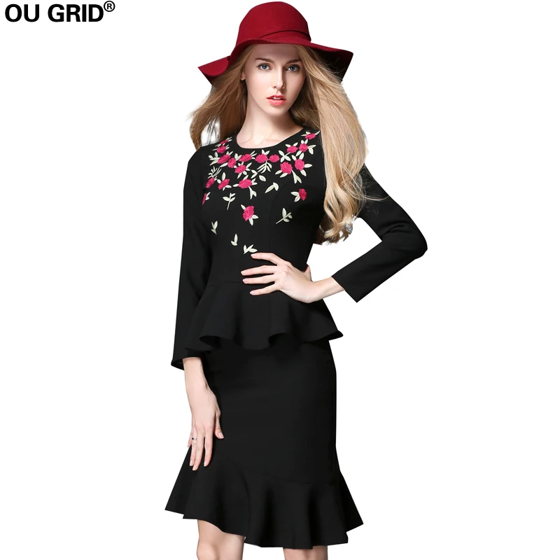 

Women's Black Flower Embroidery Formal Office Business Shirt Jacket Skirt Suit Set with Lining