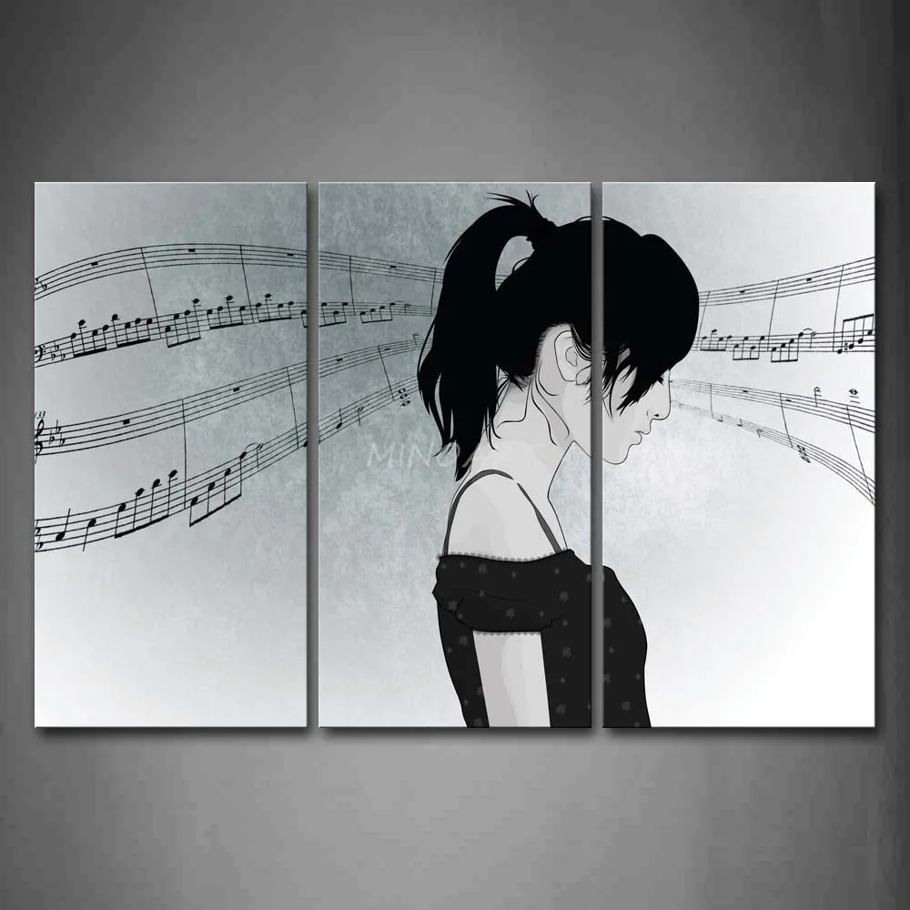 3 Piece Black And White Wall Art Painting A Young Is Thinking 3 Piece Black And White Wall Art Painting A Young Is Thinking About The Music Picture Print On Canvas People In Calligraphy From Home