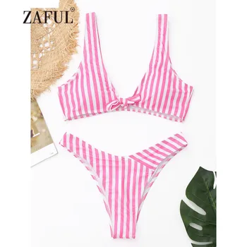 

ZAFUL Bikini Striped Front Knot Swimwear Women Sexy Striped Plunging Neck Thong Bikini Padded Swimsuit Brazilian Biquni