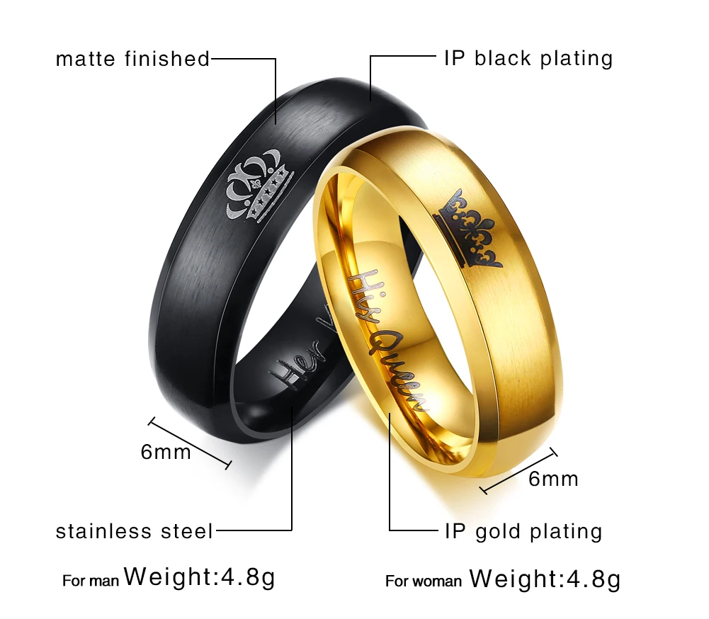 YiKLN Брендовое модное кольцо с короной ее короля и его королевы для женщин и мужчин черного/золотого цвета, свадебные кольца для пар, ювелирные изделия, Anneau JCR149
