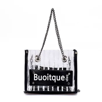 

Fashion Stripes Plastic Transparent Handbag Chain Shoulder Bag Woman Large Capacity Bag Composite Bag Women's Bags