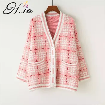 

H.SA Women Sweater Cardigans 2018 Spring New Knit Jackets Loose Oversized Plaid Jumper Coat V neck Loose Poncho Cardigans Femme