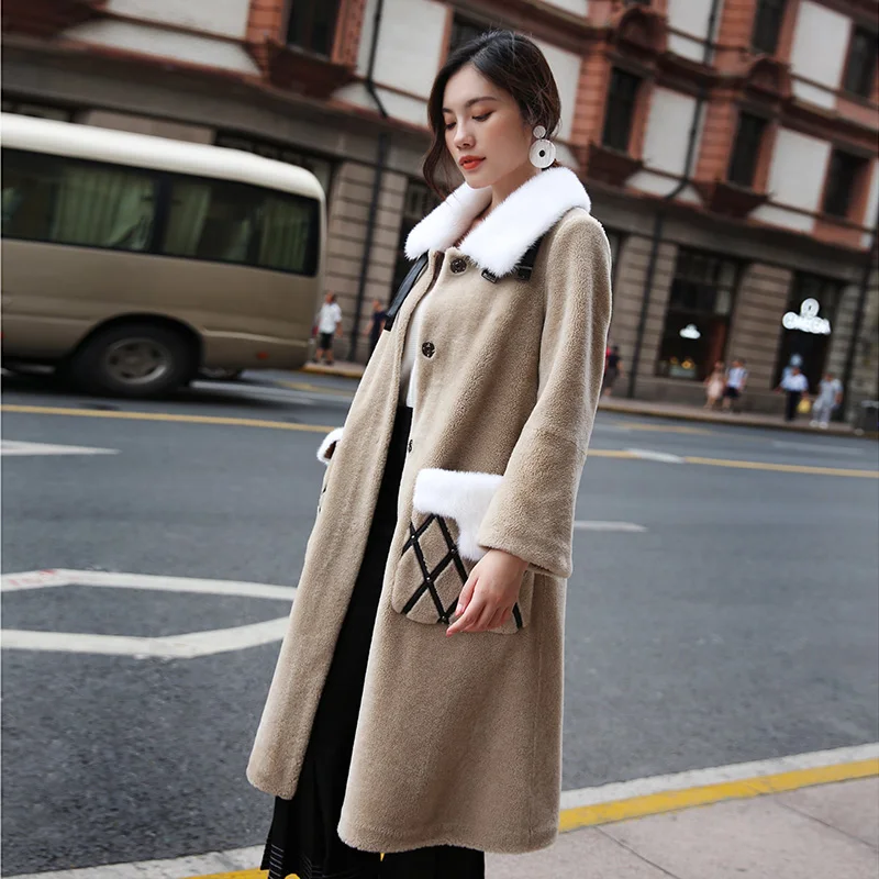 Zt1349 Col Laine Beige De Hiver Femmes 2018 Automne Manteau Veste Mouton Manteaux Coréen Vintage Fourrure Longs Vison Réel Vêtements T7H8qW8F