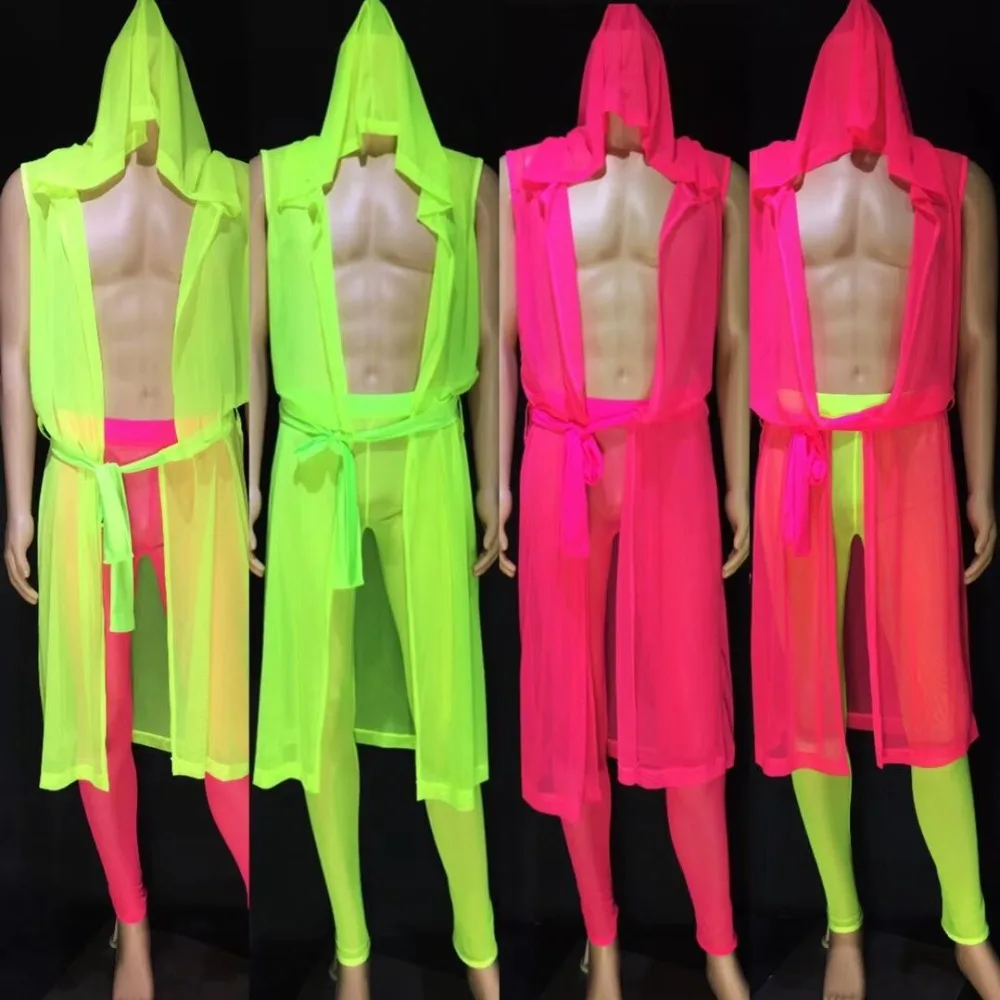 

2 Color Mesh See-through Long Cloak Leotard Pants Suit Tide Male Nightclub DJ Pole Dance Costume Models Catwalk Stage Outfit