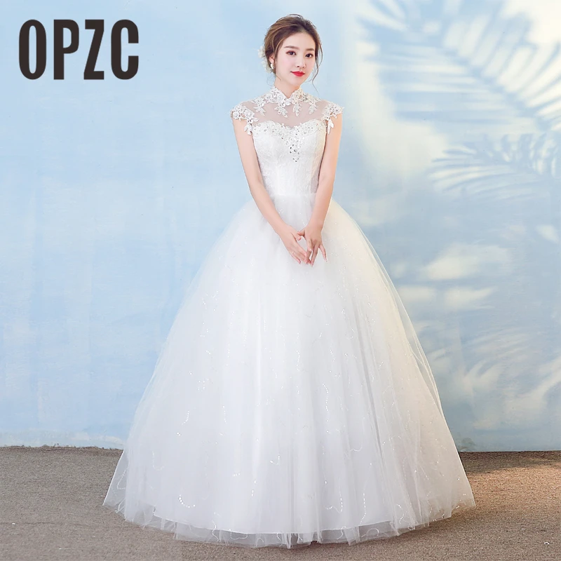 

New Arrival Korean style Vestidos De noiva 2018 Stand-up Collar Wedding Dress Lace Illusion Vintage wedding gowns
