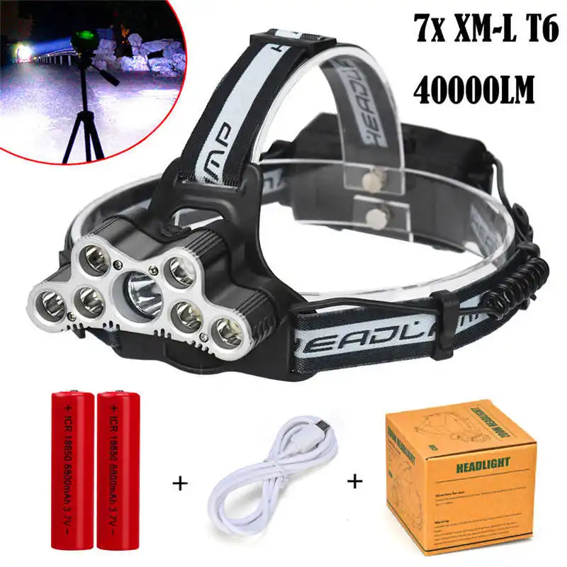 

Powerful led flashlight 40000 LM 7X XM-L T6 LED Rechargeable Headlamp Headlight Travel Head Torch by 18650 battery #3S28