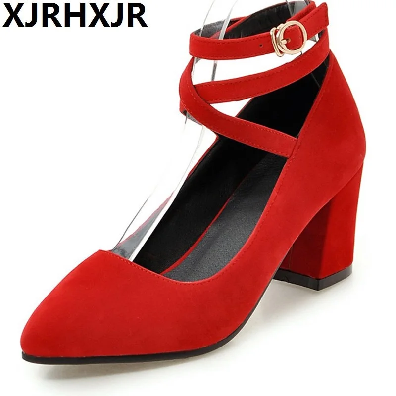 

Hot Sale Autumn Women Pumps Pointed Toe Cross-Strap Buckle Fashion Lolita Shoes Thick Square Heel Shoes Plus Size 34-43