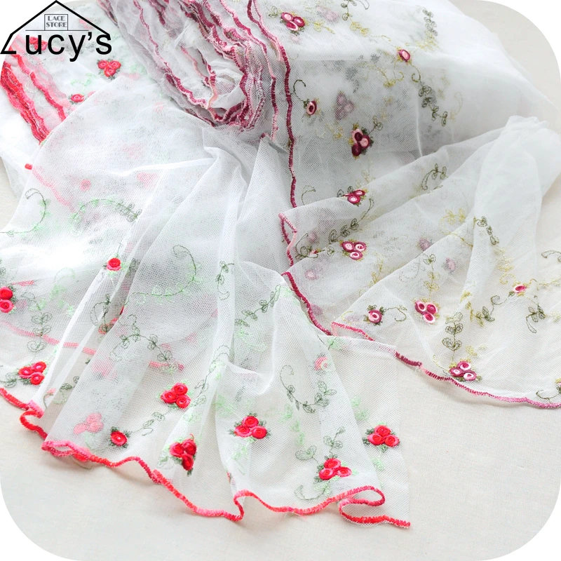 

5 yards/lot high quality delicate red embroidered lace trim small rose flowers purple tulle mesh border lace trim fabric NEW