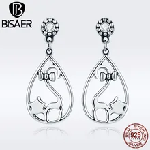Серьги-гвоздики BISAER Brincos из 925 пробы серебра с бантом, котом, котенком, Киской, капелькой, Женские Ювелирные изделия из стерлингового серебра, бижутерия ECE365