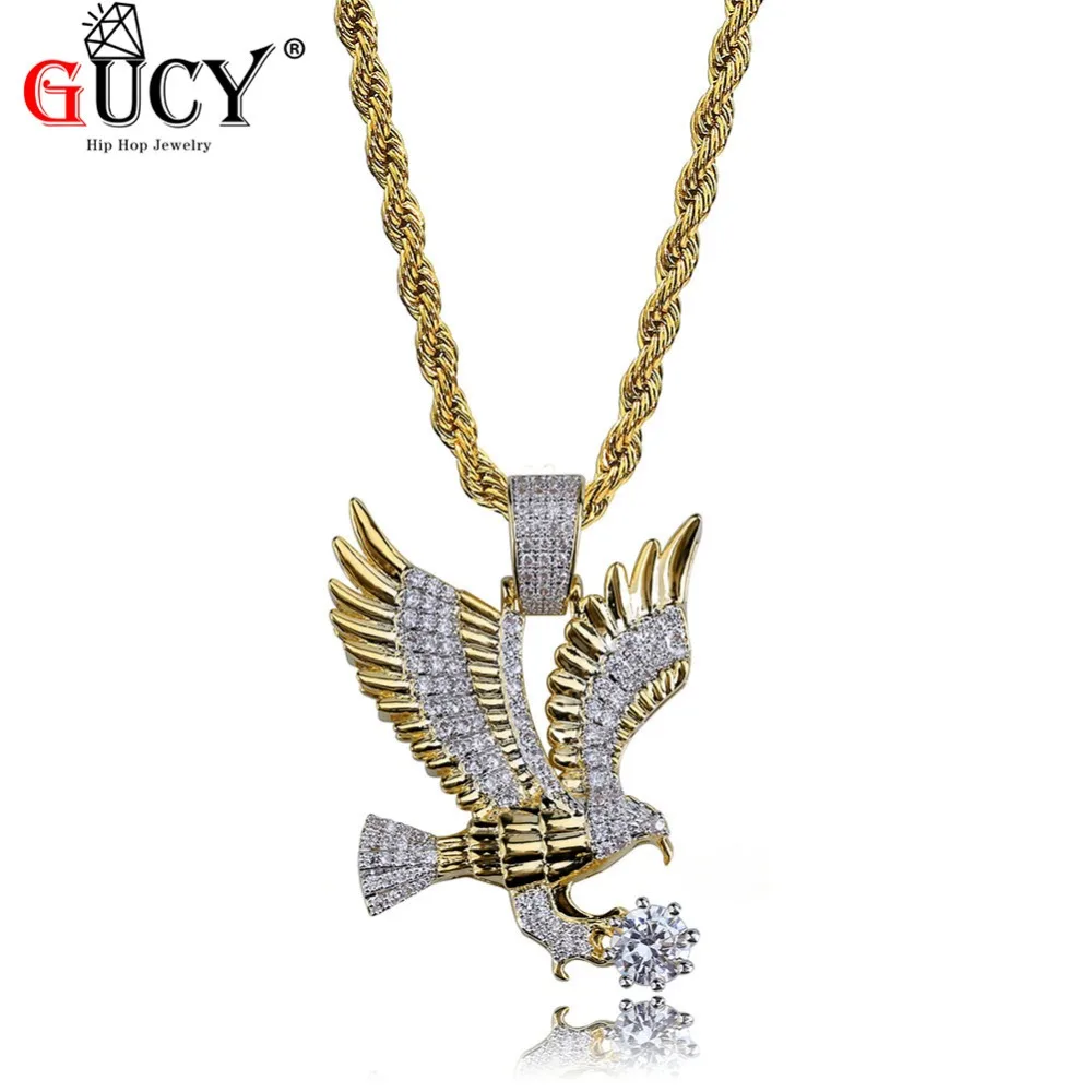 

GUCY Hip Hop Eagle Pendant Necklace Gold Color Plated Copper All Iced Out Micro Paved CZ Stones Men's Charm Jewelry Gift