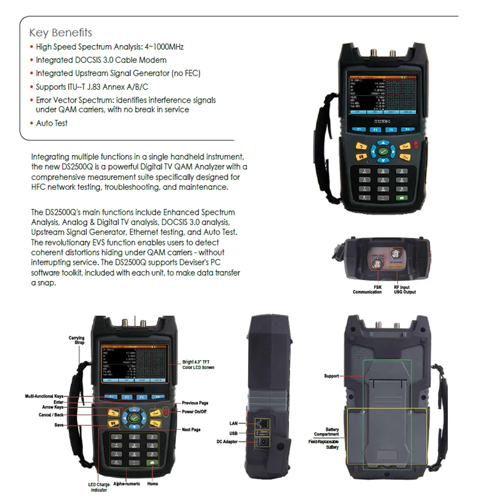 Изобретатель DS2500Q быстро спектрального анализа цифровой ТВ QAM анализатор интегрировать DOCSIS 3,0 кабельный модем Поддержка ITU-T J.83 приложение A/