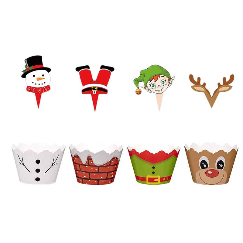 

ABSS-48 Sets Christmas Cupcake Toppers and Wrappers Party Supplies Snowman Santa Claus Reindeer Elf