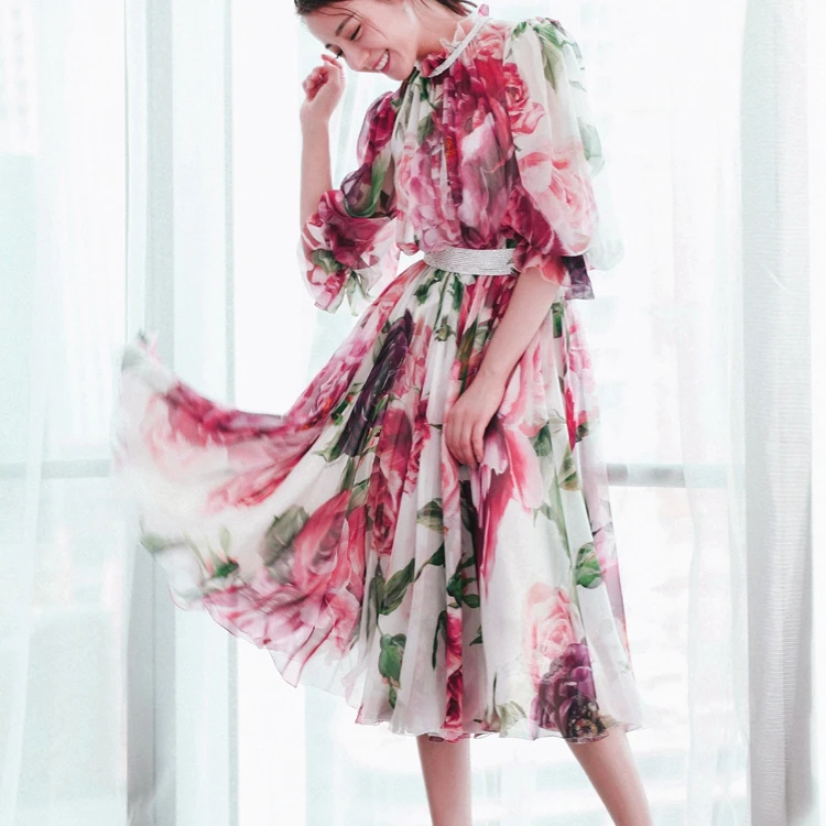 

Elegant Women Summer Chiffon Clothes 2018 New Style Lantern Sleeve Printed Mid Calf Dress Empire Waistband A Line Ruffles Dress
