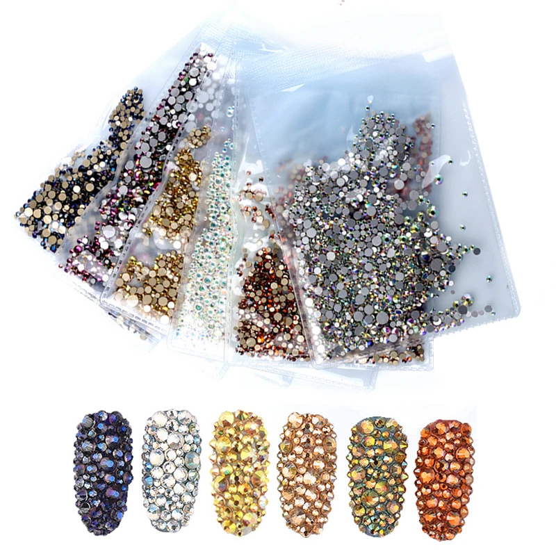 

1440 Pcs/Pack Nail Rhinestones Multi-size Flat Bottom Mixed Size Colorful Crystal Studs Design 3D Nail Art Decoration Manicure