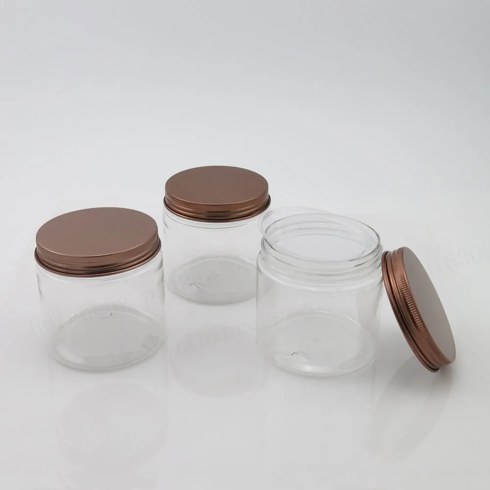 20 x 200ml Empty Clear PET Jars Aluminum Lids 200g Transparent Plastic