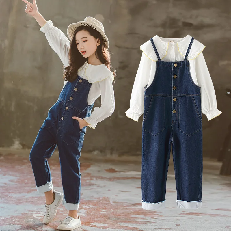 

2019 Boutique Girls Clothes Autumn Back To School Outfit White Shirt + Denim Overalls 2pcs Kids Clothes Girls Clothing 7 8 9 10