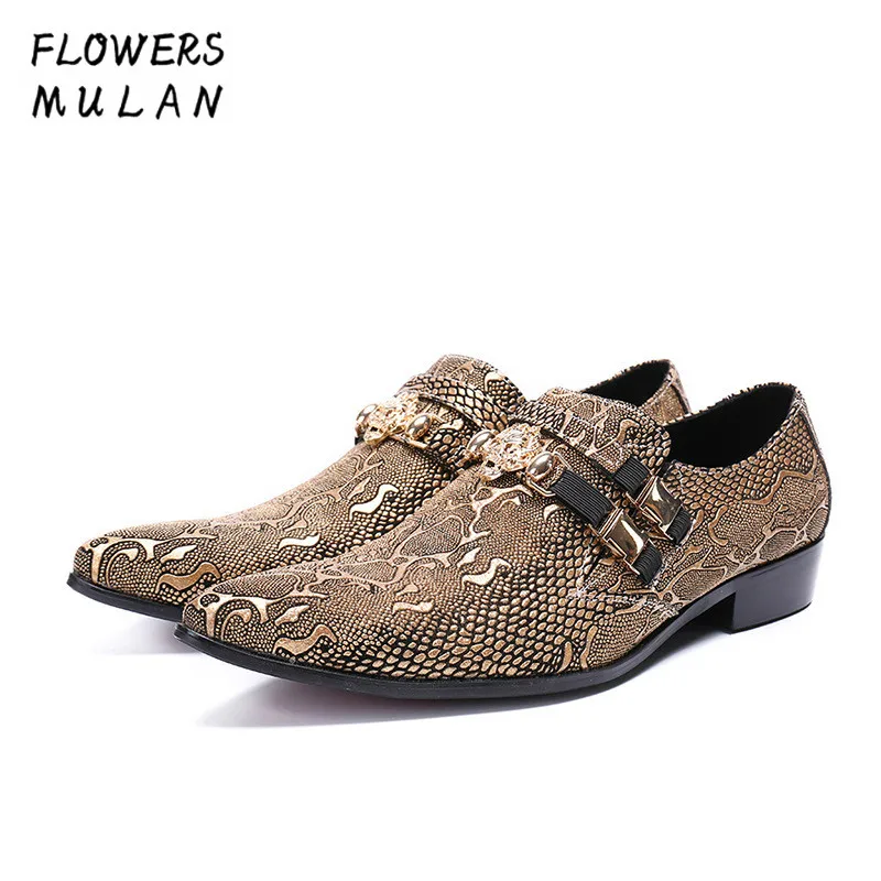 

Mixed Color Printing Leather Men Dress Shoes Gentleman Pointed Toe Slip On Two Buckle With Gold Metal Decoration Business Shoes