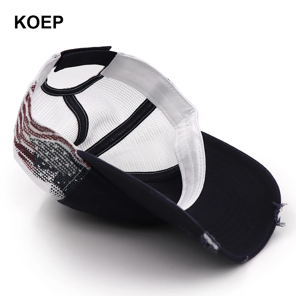 KOEP High Quality Fashion Baseball Cap Snapback Mesh Back Caps Washed Cotton Hat Screen Printed American Flag images - 6