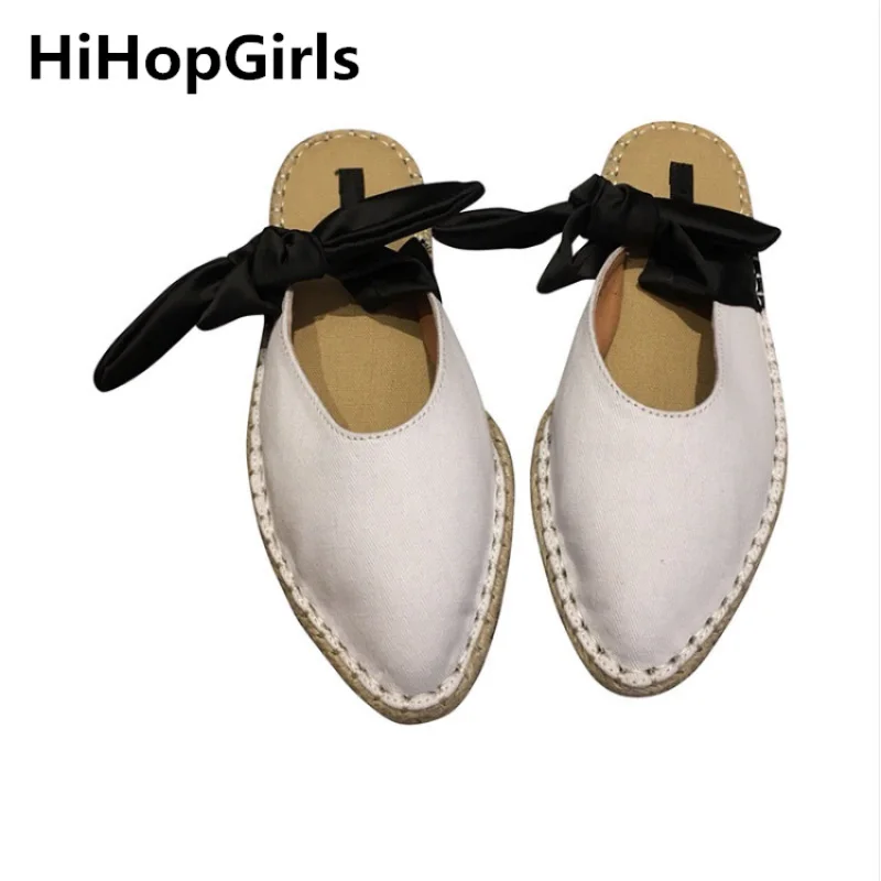 

HiHopGirls 2019 Summer New Pointed Flat Women Sandals Baotou Bow Half Dragged Wearing ZA Straw Miller Shoes Woman Sandals