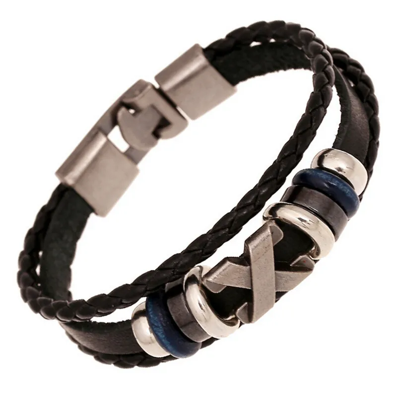 2016 Cross Charm Braided Men Bracelet Jewelry Hand Woven PU Leather