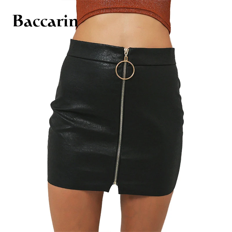 

2019 Summer Skirts Women Bodycon PU Bottoms Vintage Solid Front Zippers Mini Skirts High Waist Short Skirts Saias D1317