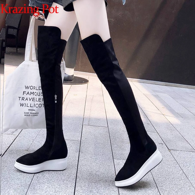 

Krazing Pot Winter sheep suede concise simple style wedges platform boots gladiator women zipper keep warm knee-high boots L6f1