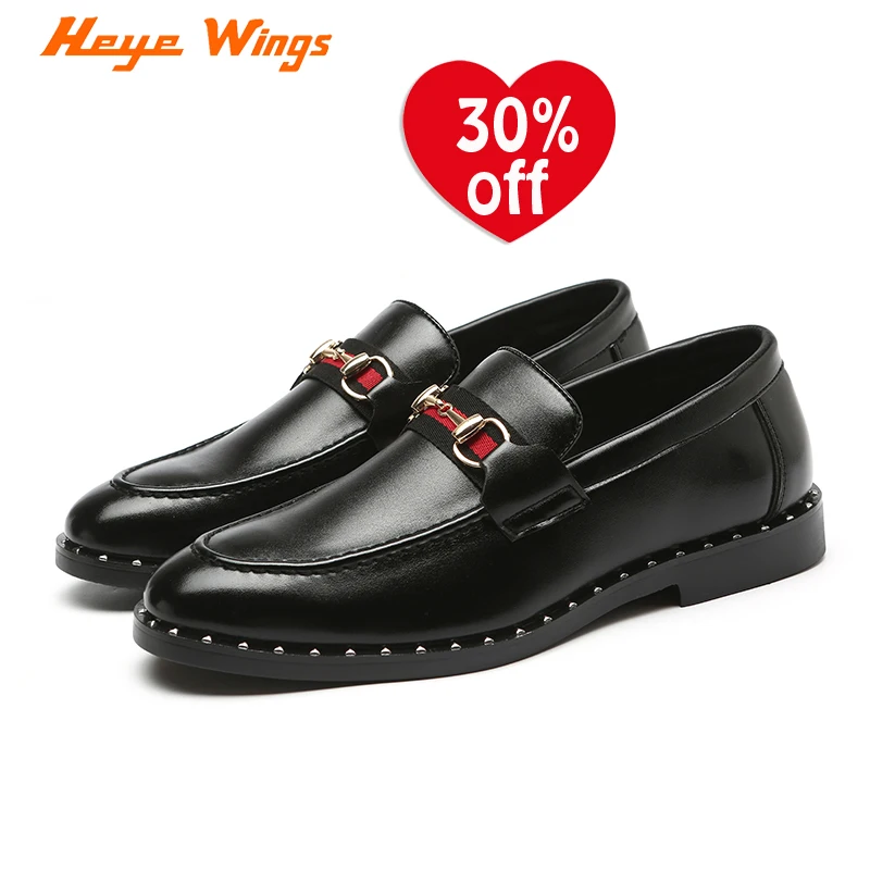 

Heye Wings brand dress shoes fashion C type sideband buckle Patent leather black color men's slip on casual shoes