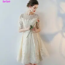 Модные платье для выпускного Шампань короткие большие размеры сексуальные платья для выпускного бала на заказ с круглым вырезом кружевные аппликации по колено платья для выпускного вечера