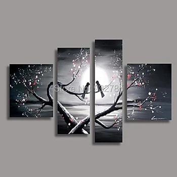 

4 Panels decoration handmade oil painting on canvas Perfect conjugal bliss Love birds plum blossom wall art picture