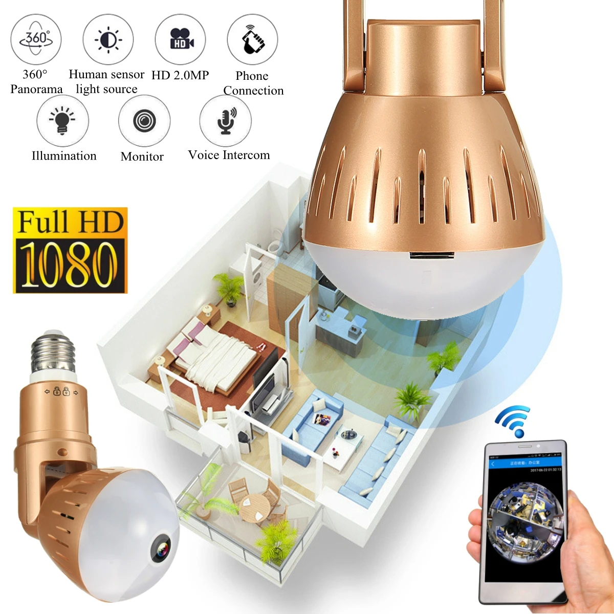 

360 Degree 1080P HD Panorama Monitor Panoramic Wireless Wifi IP Light Bulb Security Camera Home Monitor