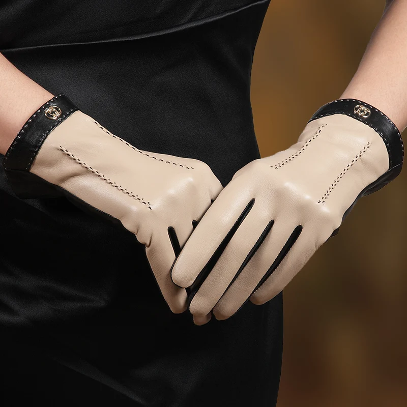 Новые женские перчатки из натуральной кожи с сенсорным экраном, модные перчатки из овечьей кожи с теплым бархатным подкладом L169NC2