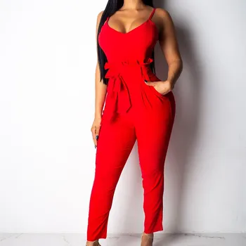 

2019 Women Spaghetti Strap Jumpsuit Sexy Sashes Bodycon Overalls Casual Bow Tie Up Playsuit