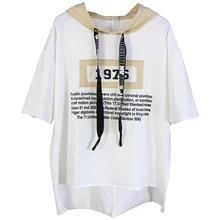 Асимметричные женские футболки Новые летние с коротким рукавом тонкие Топы с капюшоном английские печатные свободные школьные пуловеры повседневные