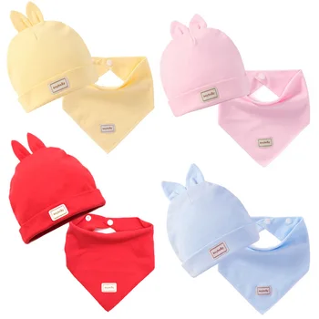 

4 Colors3pcs Eslatic Headscarf Double Layer Cotton Baby Caps&Hats with Baby Bibs Set Pink Yellow and Sky Blue for Newborn Infant