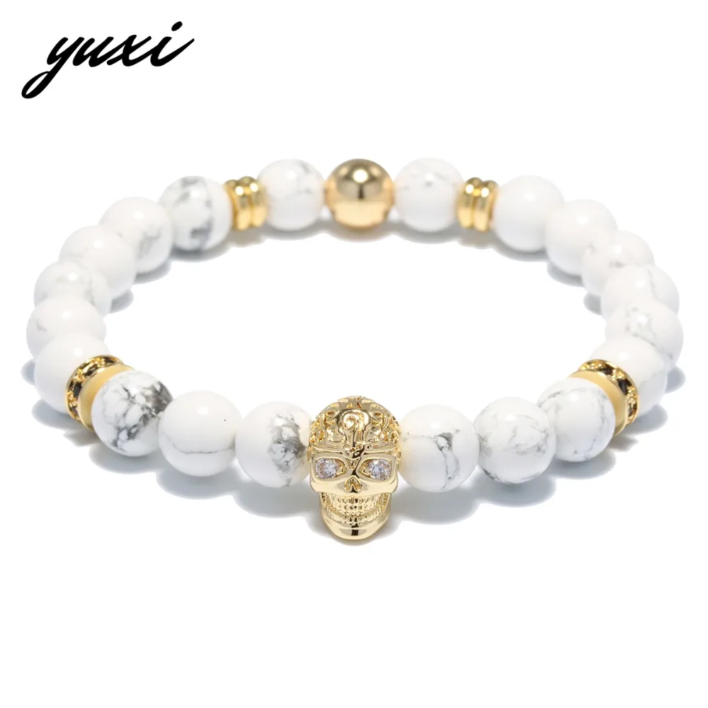 

YUXI Crystal Round Circle Rivet Piercing Skull Men's Bracelets For Men Jewelry White Natural Stone Beaded Bracelet Homme Bijoux