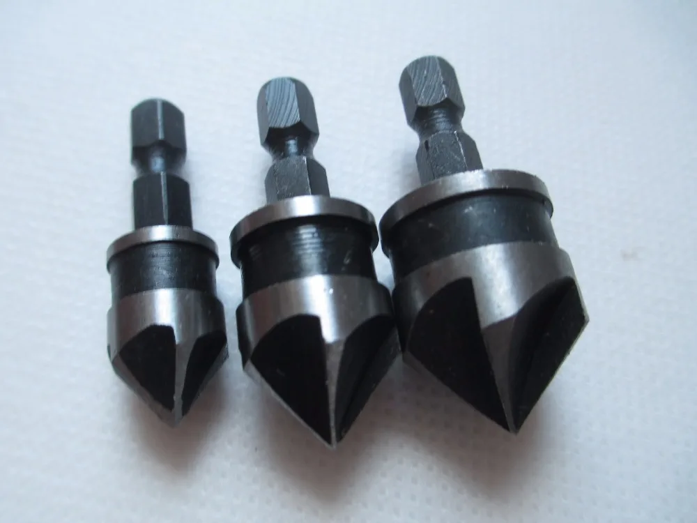 

3Pcs 90 Degree 1/4 Hex Shank Countersink Drill Bit 5 Flute 12-19mm Woodworking Counter Sink Chamfering Debur Tool Set