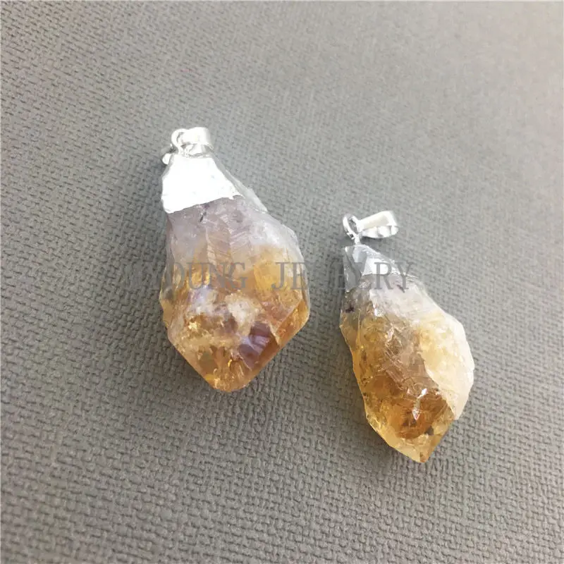 MY0448 Free Form Yellow Crystal Stalactite Point with Bail,Citrine Silver Electroplated Cap Pendant  (2)