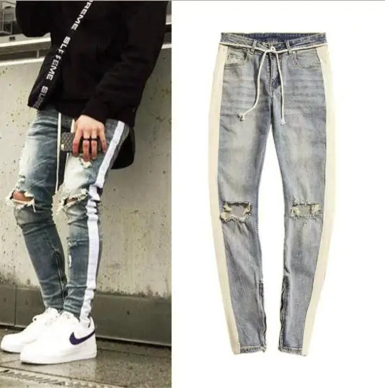 Gingtto Skinny Jeans Men Ripped Black Side Stripe Jeans Stretch Slim Fit Elastic Biker Jeans Male Big Size Ankle Tigh