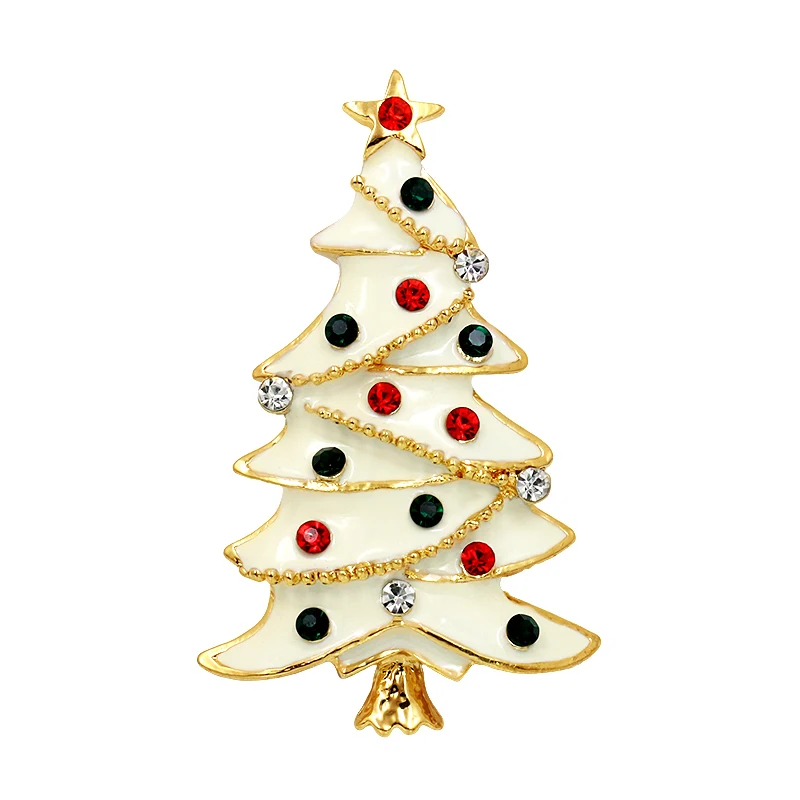 

Color Rhinestone Crystal and White Enameled Christmas Snow Tree Brooches in Gold Color or Silver Color Plated
