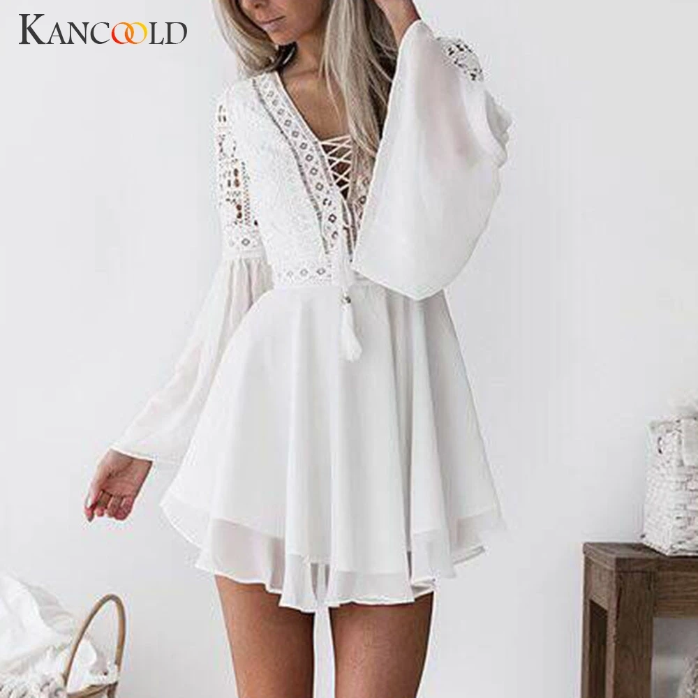 

KANCOOLD Dress Women Lace tassel Long Sleeve Party A-Line Mini Dress Bandage V-Neck Empire fashion new Dress women 2019JAN25