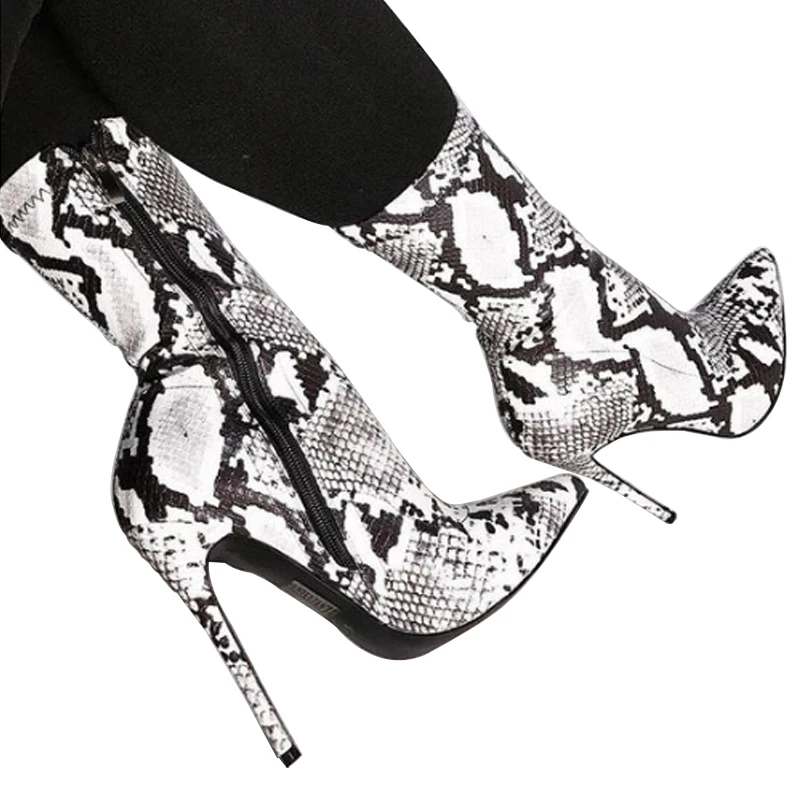 

Women Mid Calf Boots Plus Size Pointed Toe Thin High Heels Female Snakeskin Pattern Side Zipper Shoes Ladies Fashion Botas Shoes