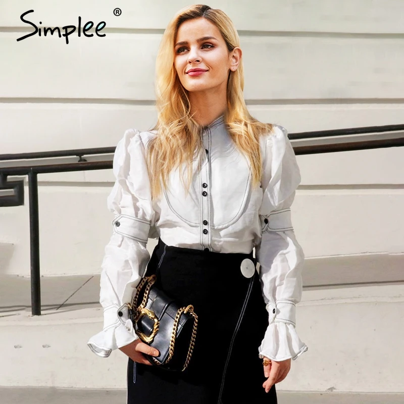 

Simplee Vintage puff sleeve women tops and blouses Stand collar korean fashion Casual streetwear blusa feminina white blouse