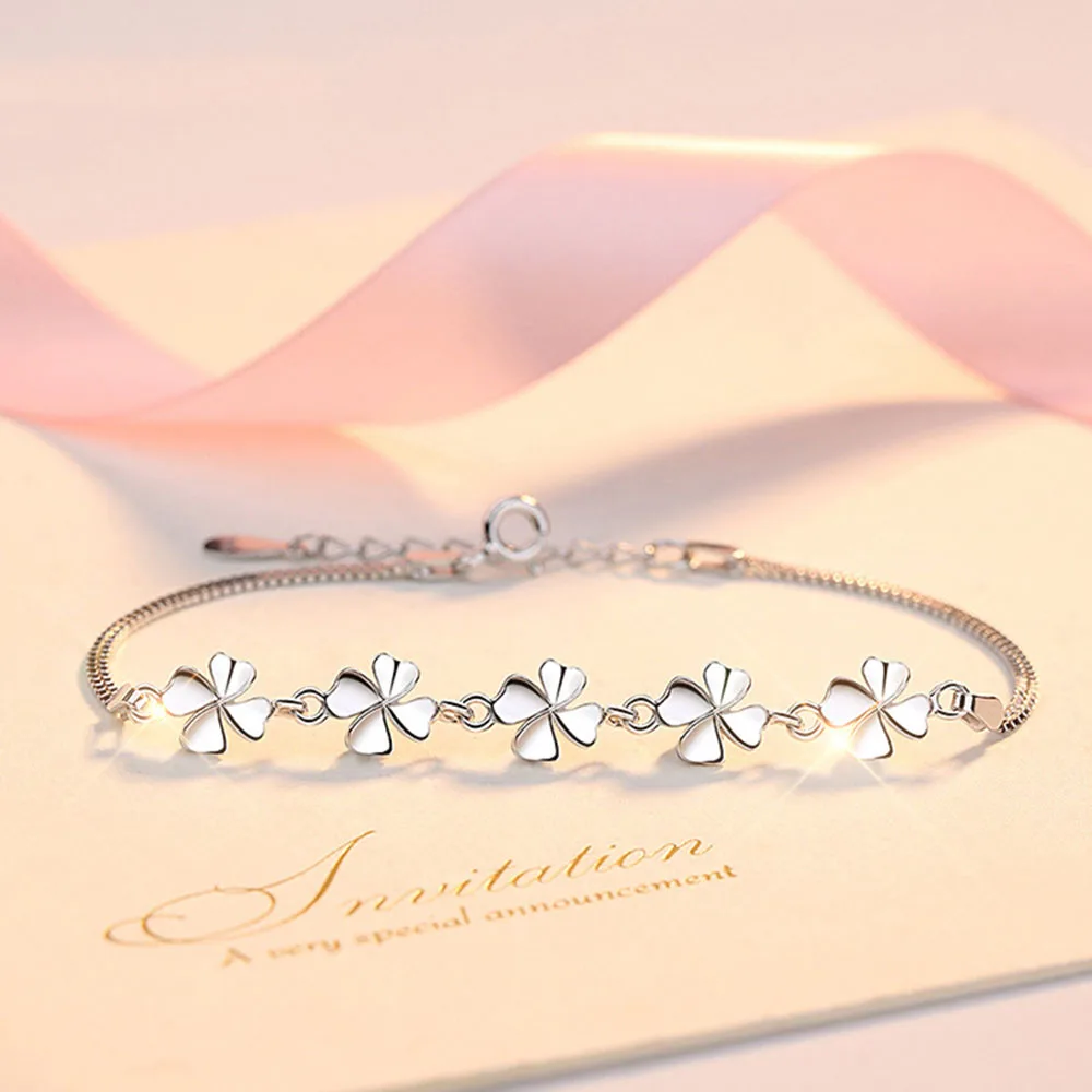 

Authentic 925 Sterling Silver Bracelet Five Clovers Box Chain Bracelets Bangles For Women Wedding Party Jewelry Gift