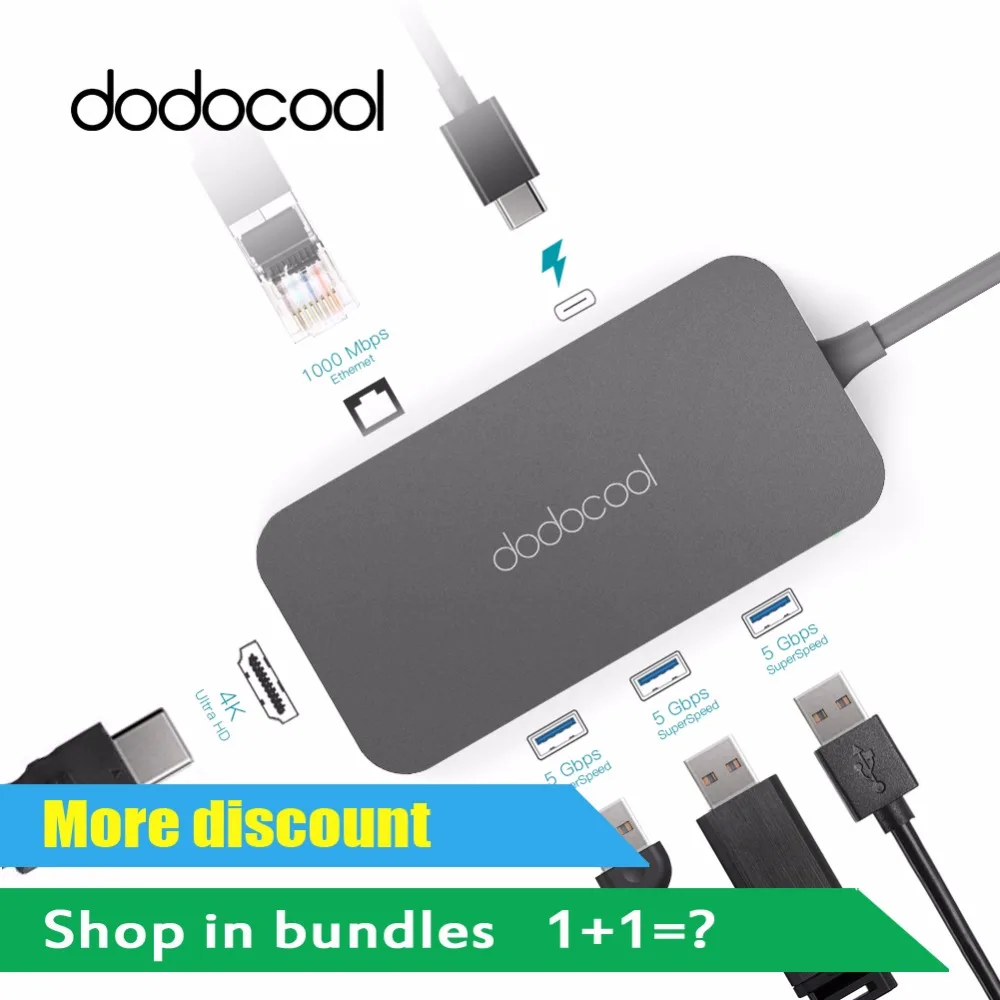 

dodocool 6-in-1 Aluminum USB C Hub with 4K Video HD rj-45 Gigabit Ethernet Adapter USB 3.0 Hub Type C Hub For Samsung Galaxy S9